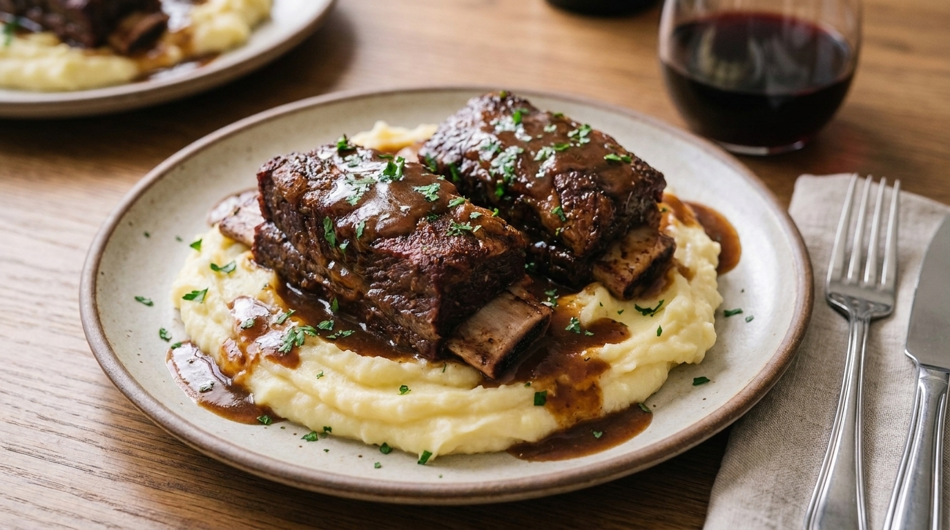 Two beef short ribs plated over creamy mashed potatoes with rich gravy and parsley on a warm dinner table setting