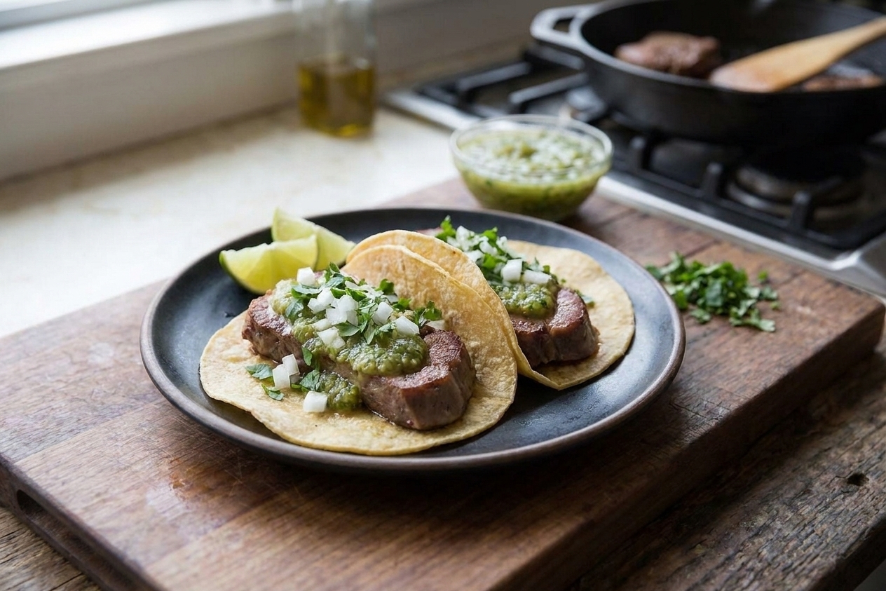 Two beef tongue tacos on a plate topped with salsa verde, diced onion, and cilantro with lime wedges beside them on a wooden table