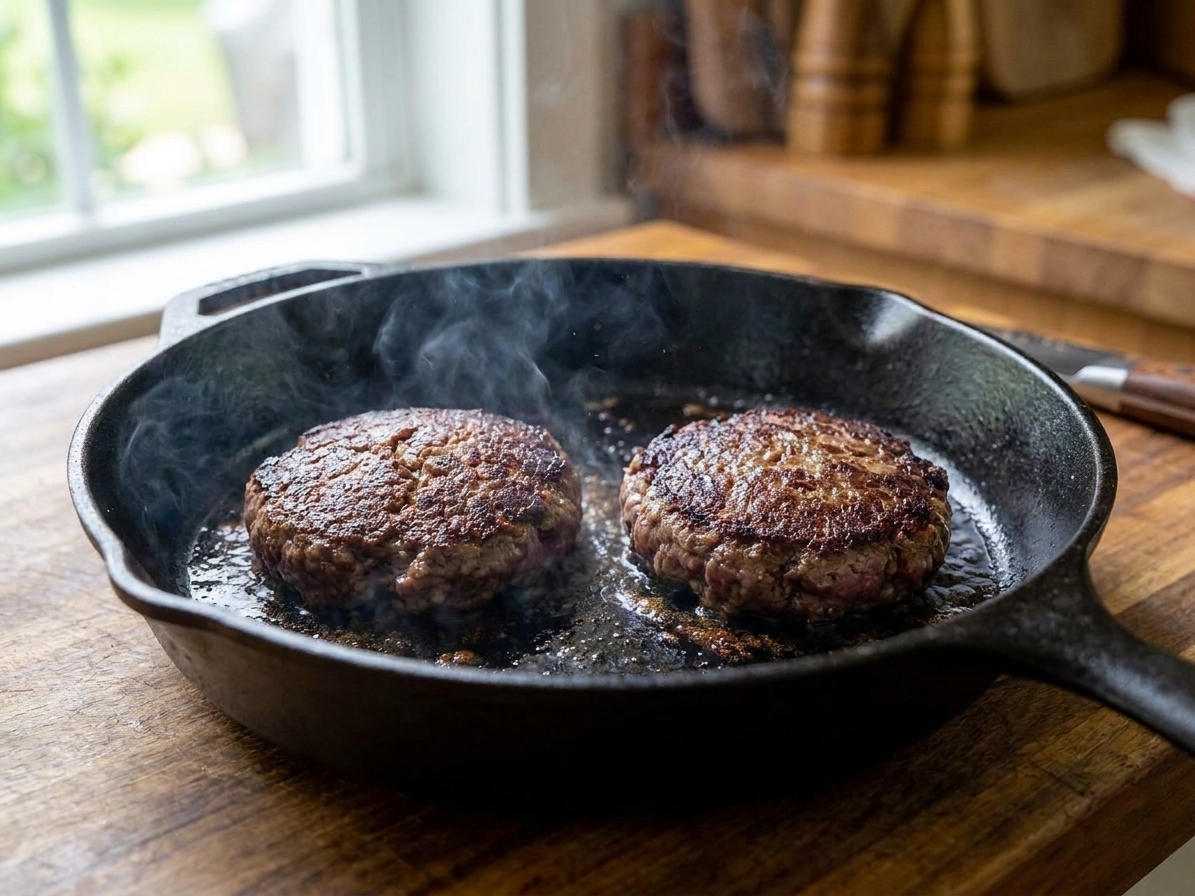 Two bison burger patties searing in a cast iron skillet with browned crust forming on the surface