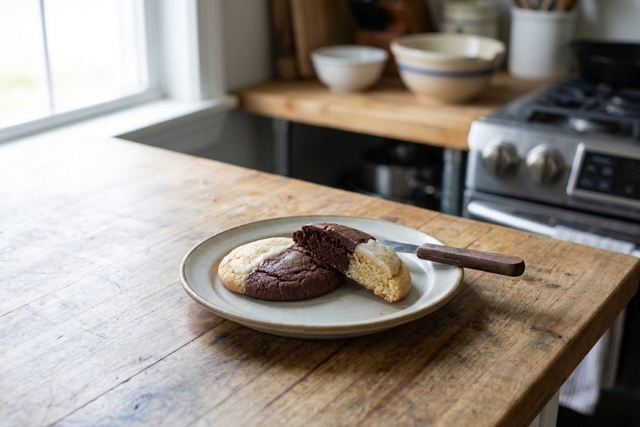 Two black and white cookies on a small plate, one cut open to show a soft cake-like crumb, on a simple kitchen table setting