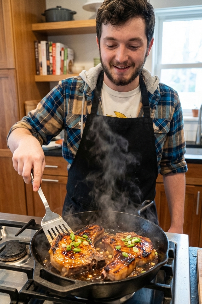 Two bone-in pork chops sizzling in a cast iron skillet, coated in a glossy honey soy glaze with browned edges, steam rising, and sliced scallions scattered on top, photorealistic kitchen food photography