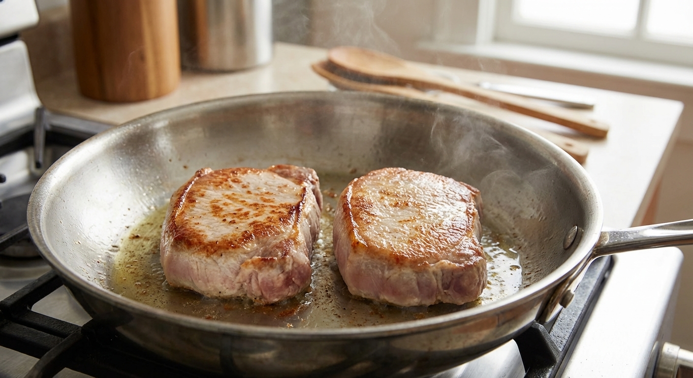 Two boneless pork chops searing in a stainless steel skillet with a light sheen of oil, browned crust forming on the underside, steam rising, close-up angle, photorealistic food photography