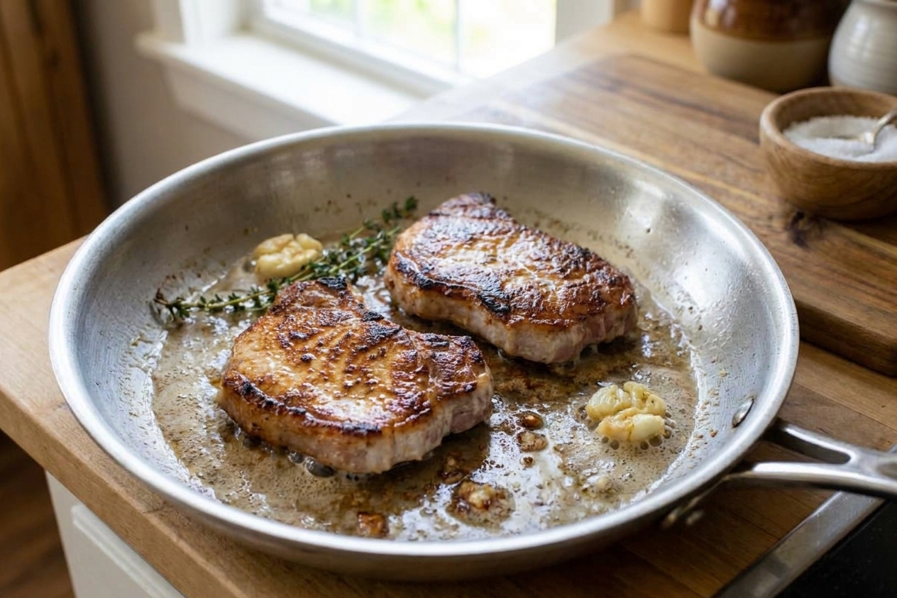 Two boneless pork loin chops browning in a stainless steel skillet with sizzling butter, shown mid-cook on a home stovetop