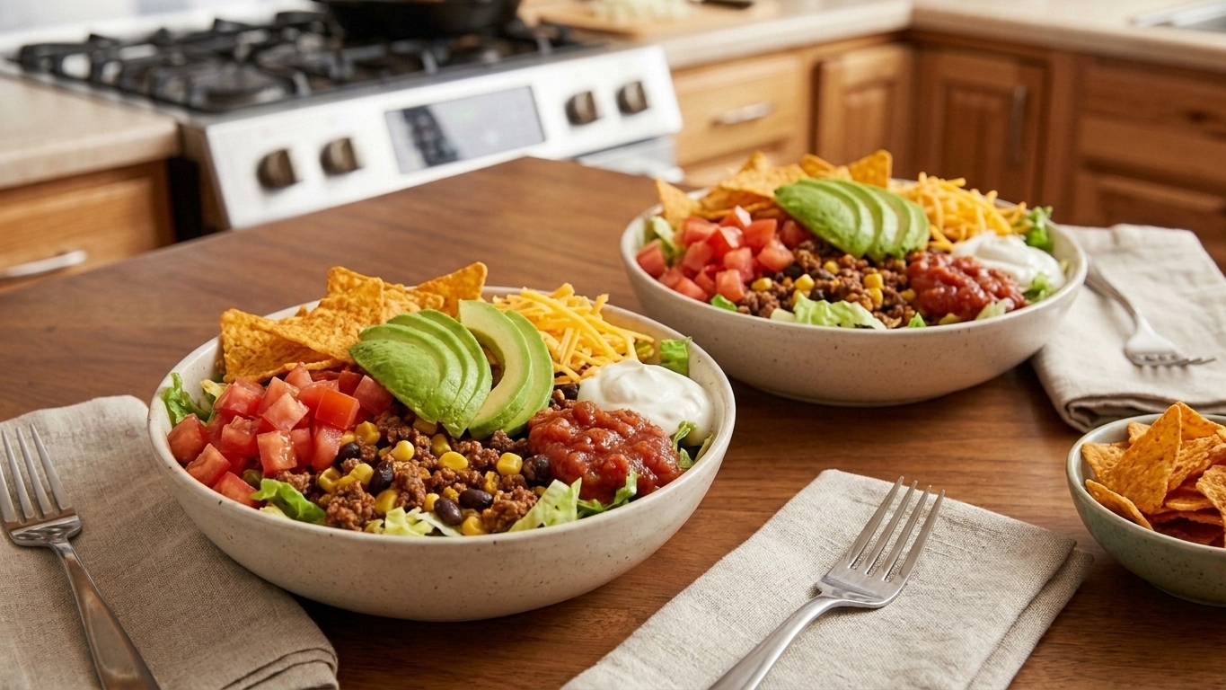 Two bowls of Dorito taco salad topped with crushed chips, diced tomatoes, shredded cheese, and avocado on a dinner table
