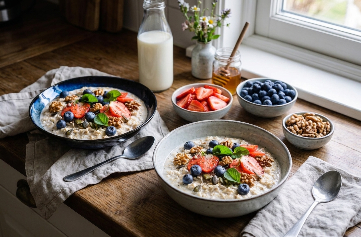 Two bowls of Irish oats on a kitchen table with small dishes of berries, nuts, and honey set out for toppings