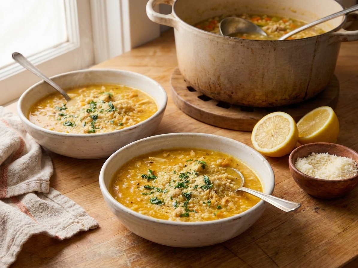 Two bowls of Italian penicillin soup on a dinner table with spoons, a lemon half, and a small dish of grated parmesan