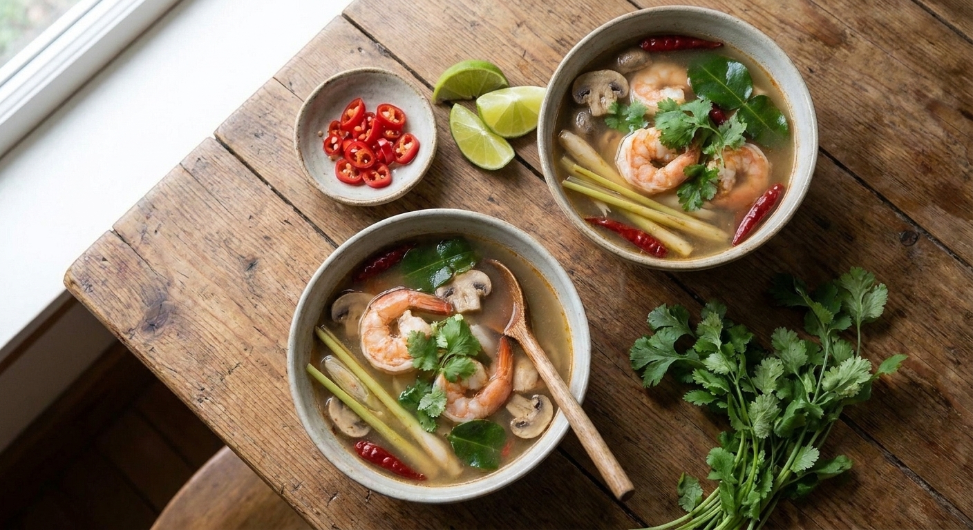 Two bowls of Tom Yum Goong on a dinner table with lime wedges, cilantro, and a small dish of sliced chiles