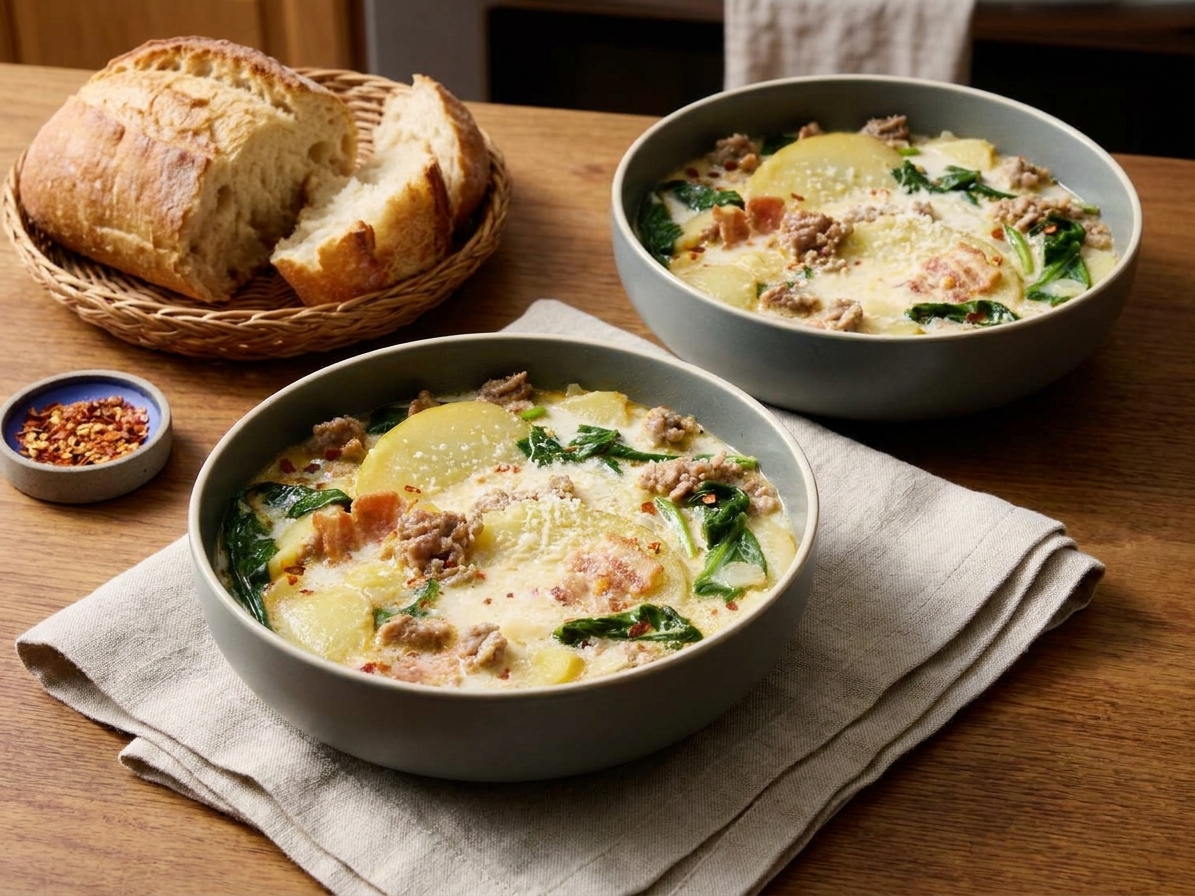 Two bowls of Zuppa Toscana on a dinner table with crusty bread and a simple linen napkin under warm kitchen lighting