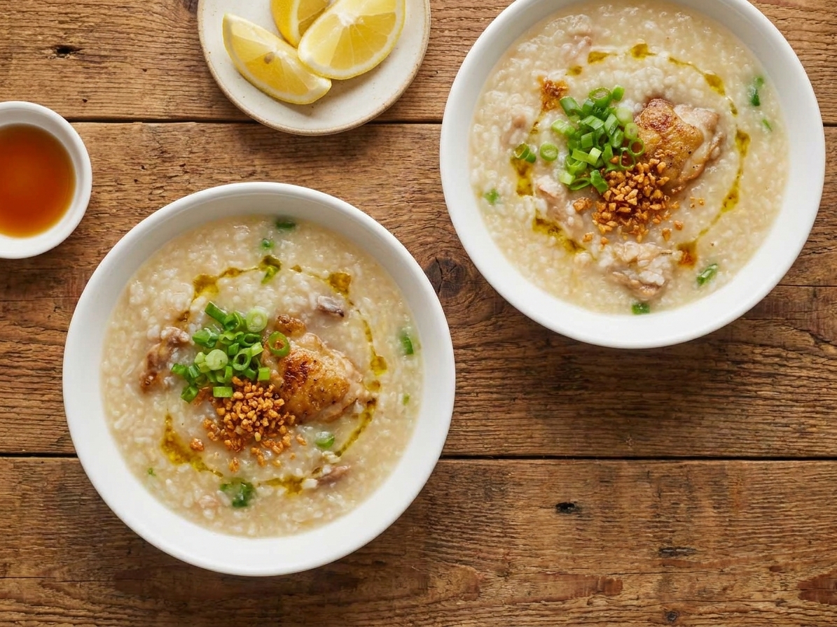 Two bowls of arroz caldo on a wooden table with scallions, fried garlic, lemon wedges, and a small dish of fish sauce nearby