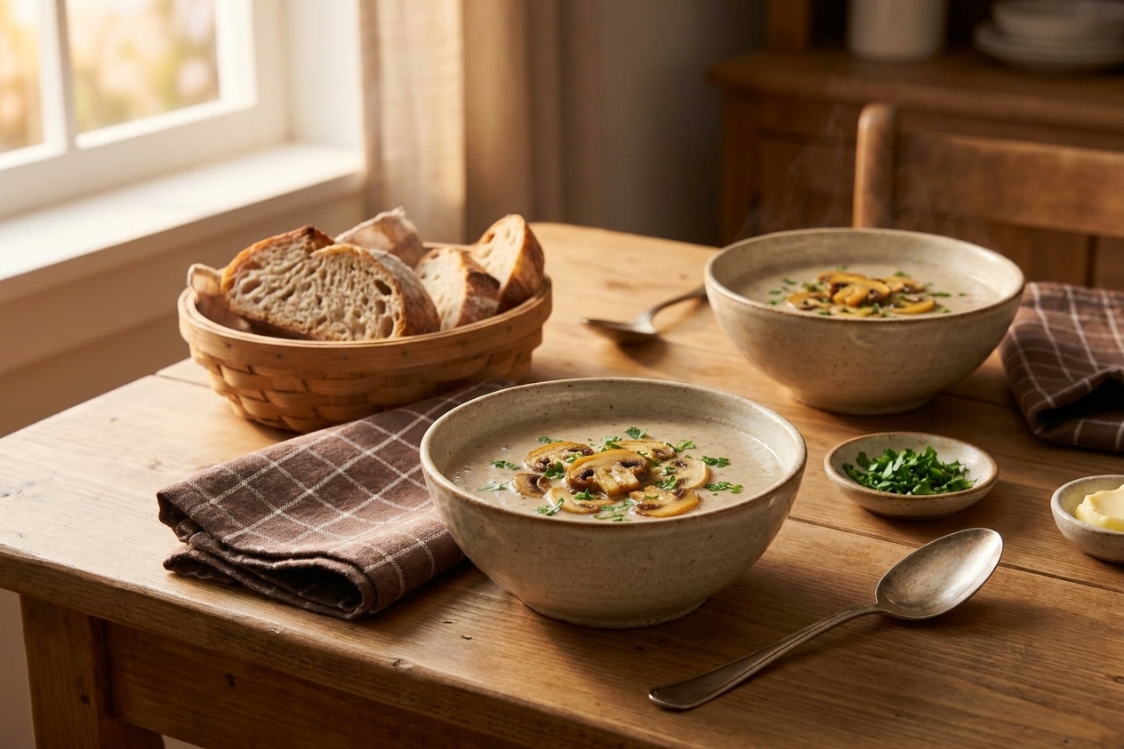 Two bowls of champignon cream soup on a simple dinner table with a small basket of bread and soft evening light