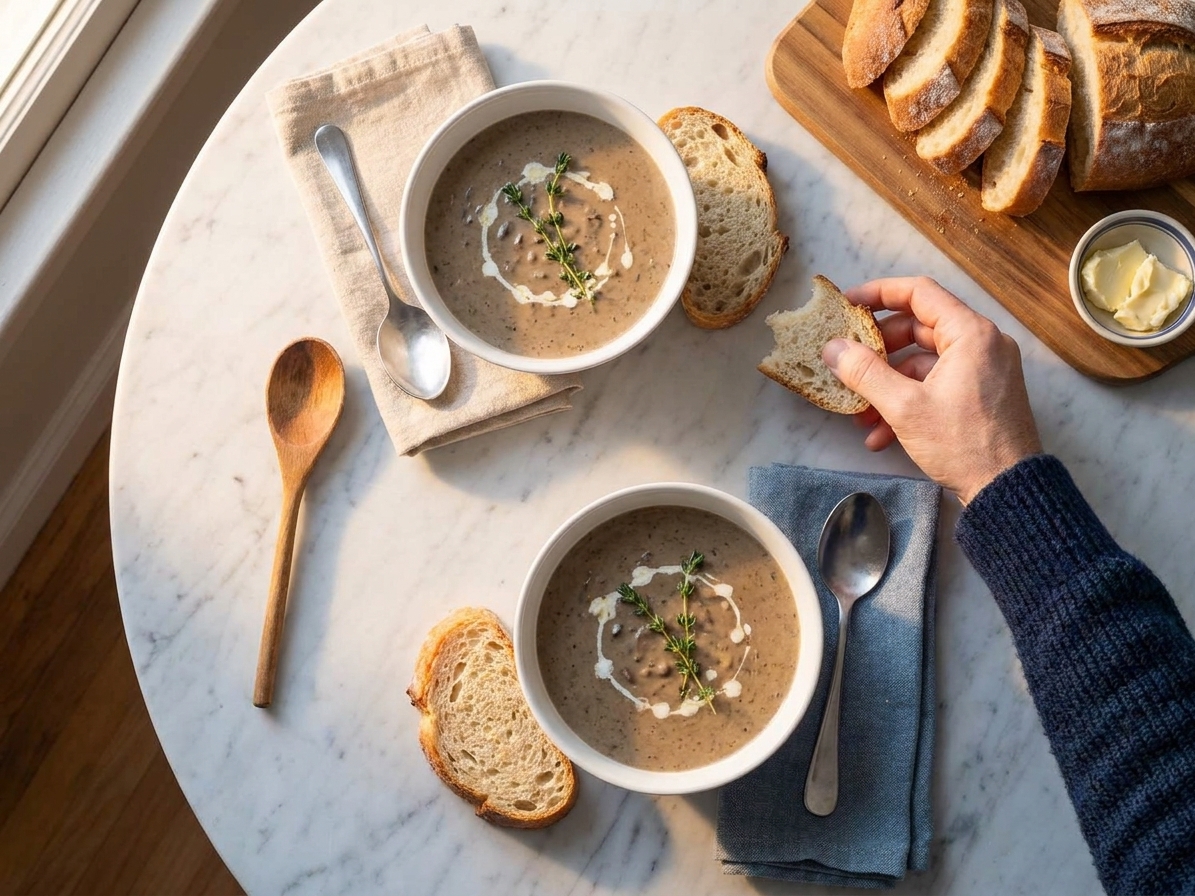 Two bowls of creamy champignon soup on a simple dinner table with cloth napkins, spoons, and sliced crusty bread in warm evening light