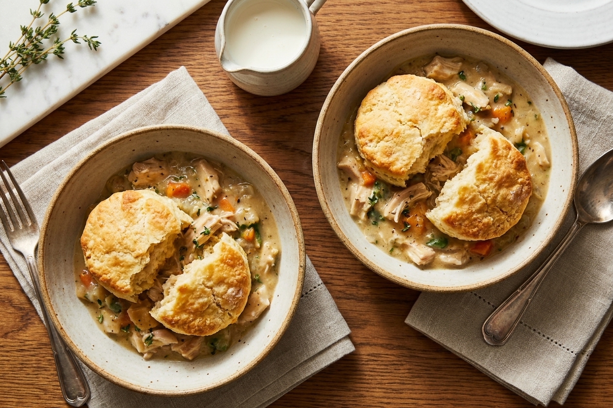 Two bowls of creamy chicken pot pie filling topped with split biscuits on a simple dinner table setting