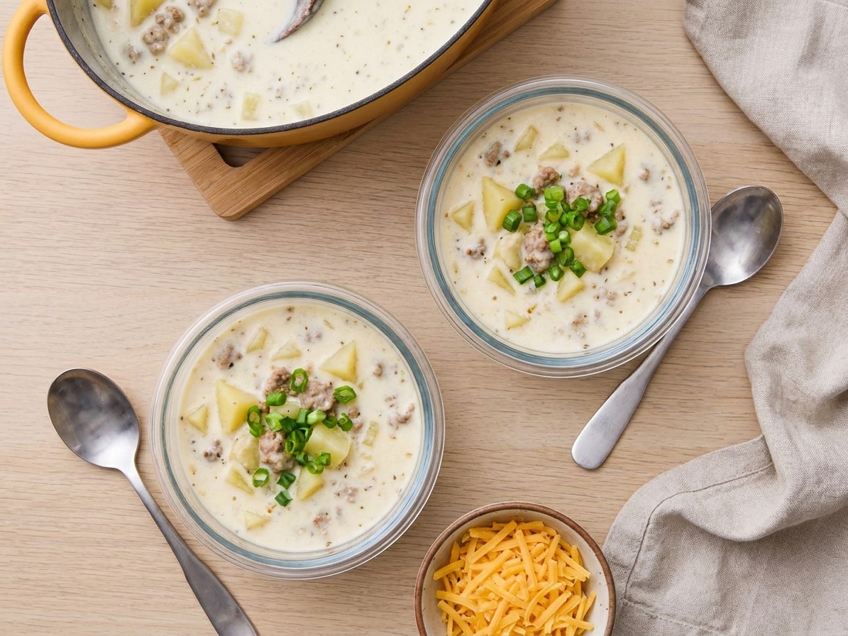 Two bowls of creamy sausage and potato soup topped with green onions on a dining table with spoons and a small bowl of shredded cheese nearby