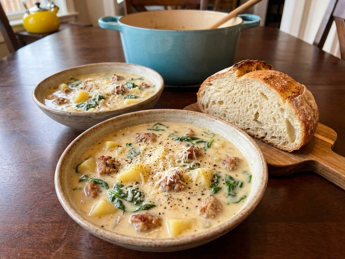 Two bowls of creamy sausage potato spinach soup on a dinner table with grated parmesan, black pepper, and a slice of crusty bread on the side