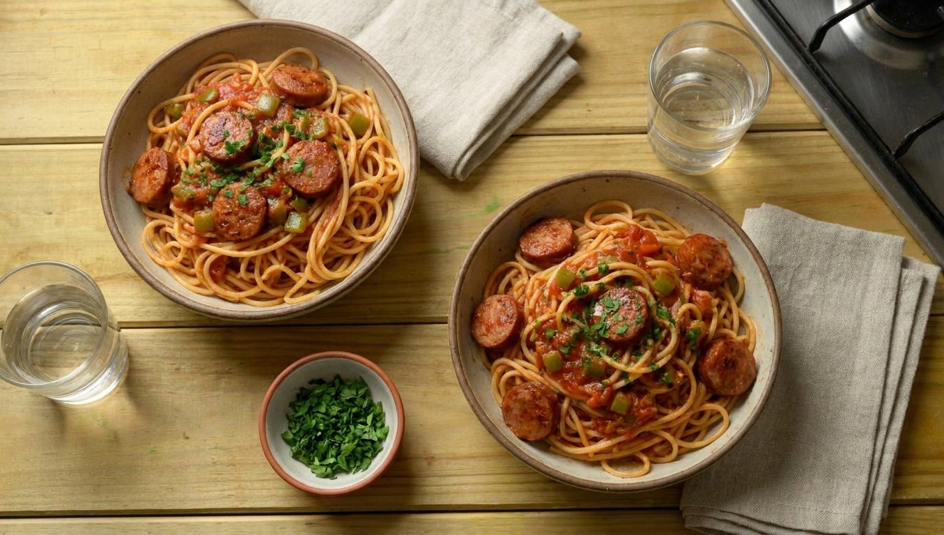 Two bowls of dirty spaghetti on a simple dinner table with folded napkins, water glasses, and a small bowl of chopped herbs for topping