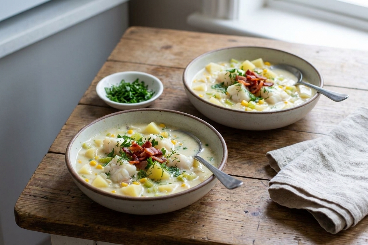 Two bowls of fish chowder on a wooden table with spoons, a small dish of chopped herbs, and a folded linen napkin