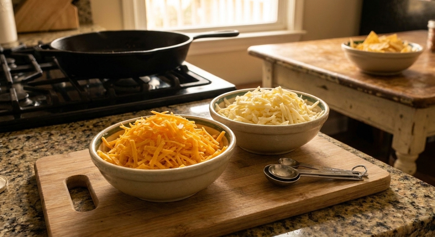 Two bowls of freshly shredded cheddar and Monterey Jack cheese on a kitchen counter next to measuring spoons