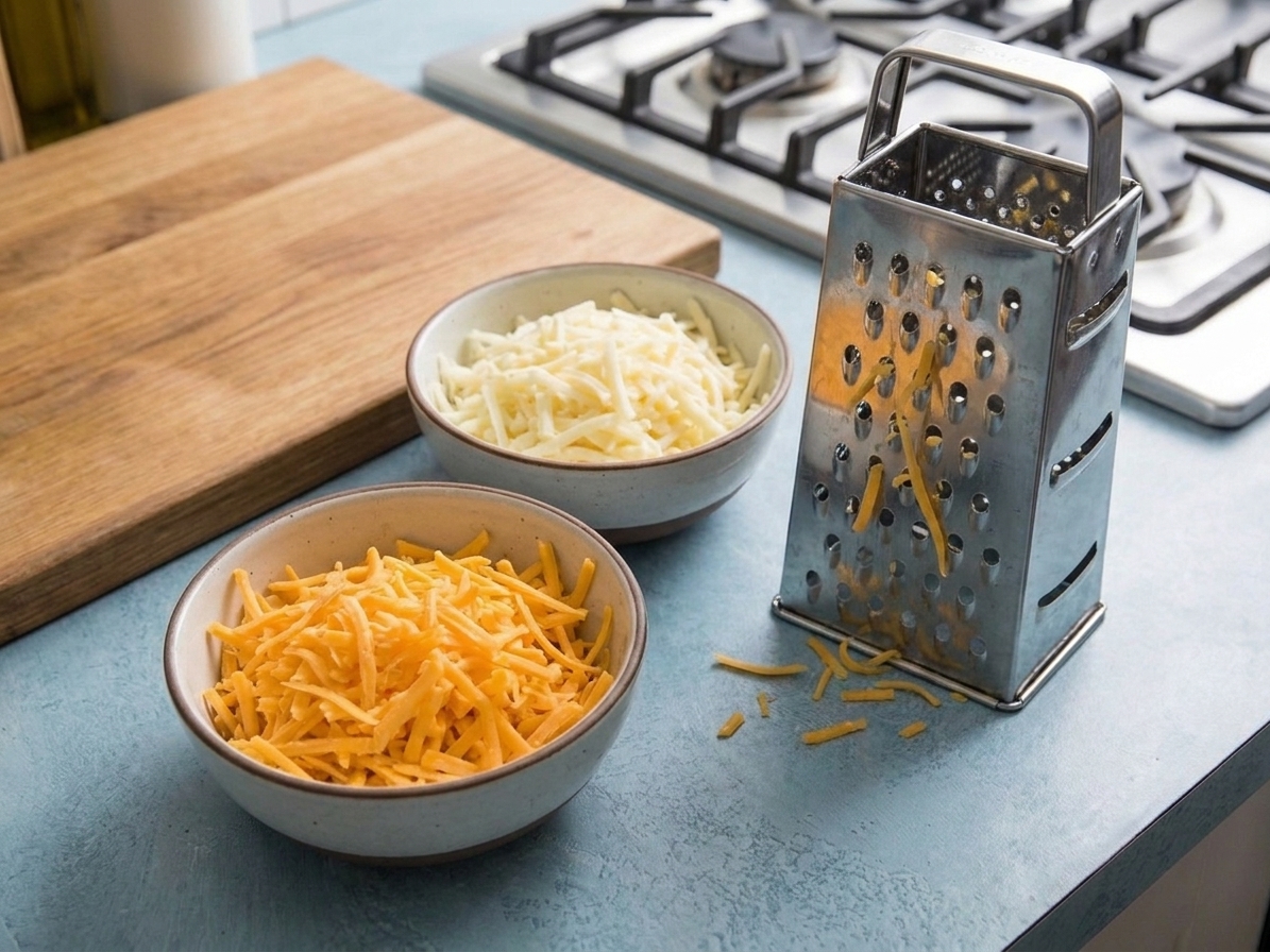 Two bowls of freshly shredded cheddar and Monterey Jack cheese sitting on a clean kitchen counter with a box grater nearby