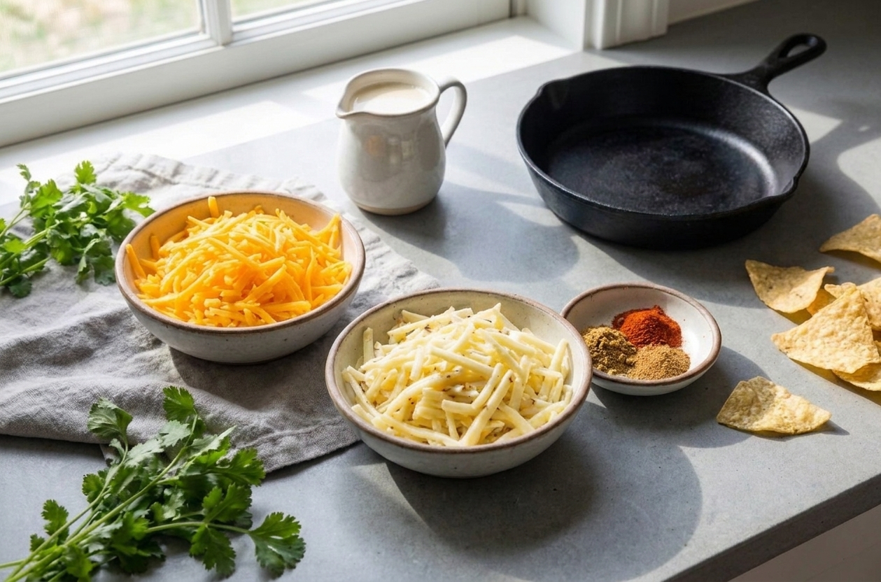 Two bowls of freshly shredded cheddar and pepper jack cheese on a kitchen counter next to a small bowl of spices