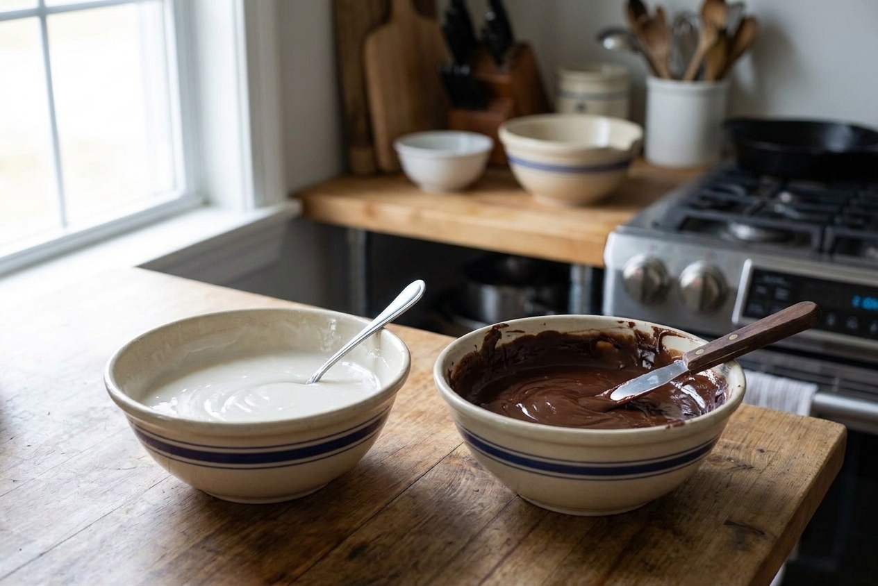 Two bowls of glossy vanilla icing and glossy chocolate icing side by side on a kitchen counter