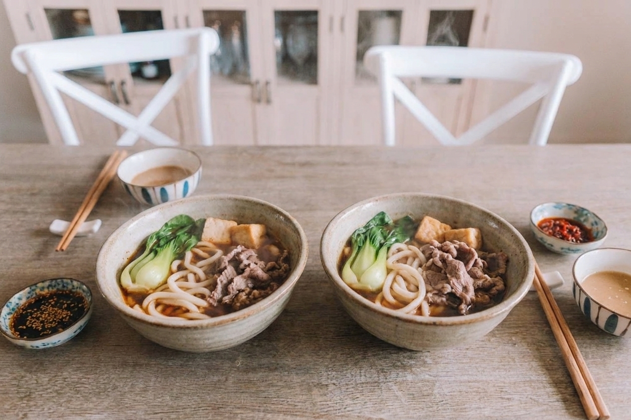 Two bowls of hot pot with noodles, greens, tofu, and sliced beef on a dinner table next to dipping sauce bowls