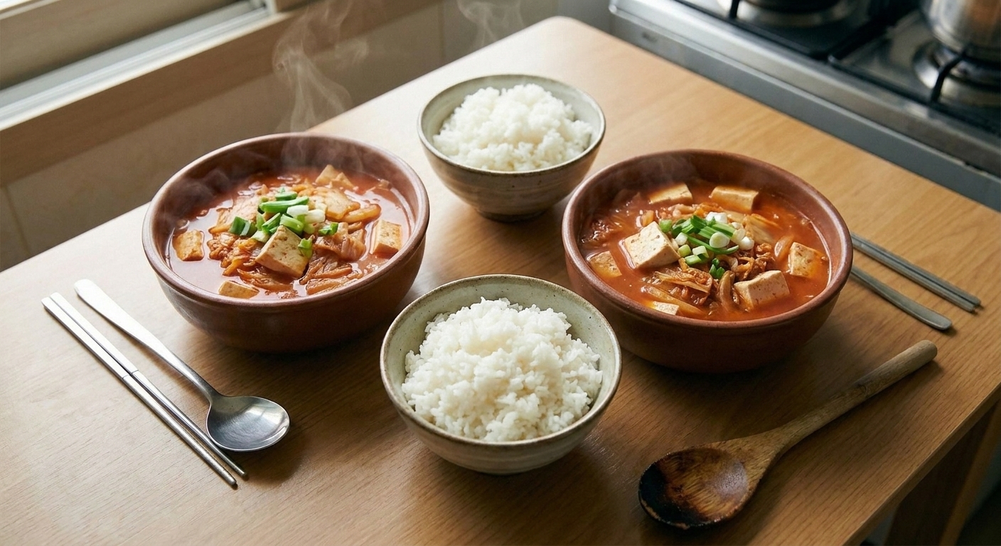 Two bowls of kimchi soup with tofu and green onions served with a small bowl of steamed rice on a simple dinner table