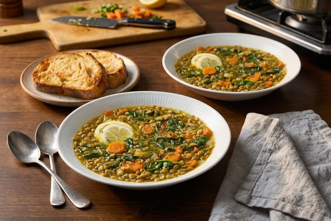 Two bowls of lentil soup on a dinner table with spoons, a small plate of toasted bread, and a simple linen napkin in warm evening light