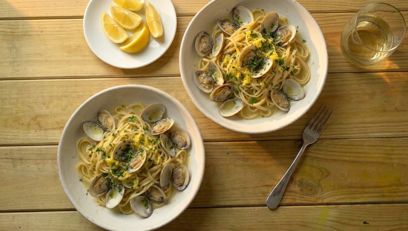 Two bowls of linguine and clams on a simple wooden table with a small plate of lemon wedges, a fork, and a glass of white wine in warm evening light