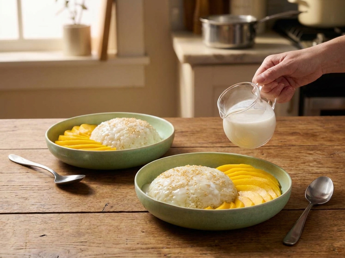 Two bowls of mango glutinous rice on a simple table setting with spoons and a small pitcher of extra coconut sauce in warm natural window light