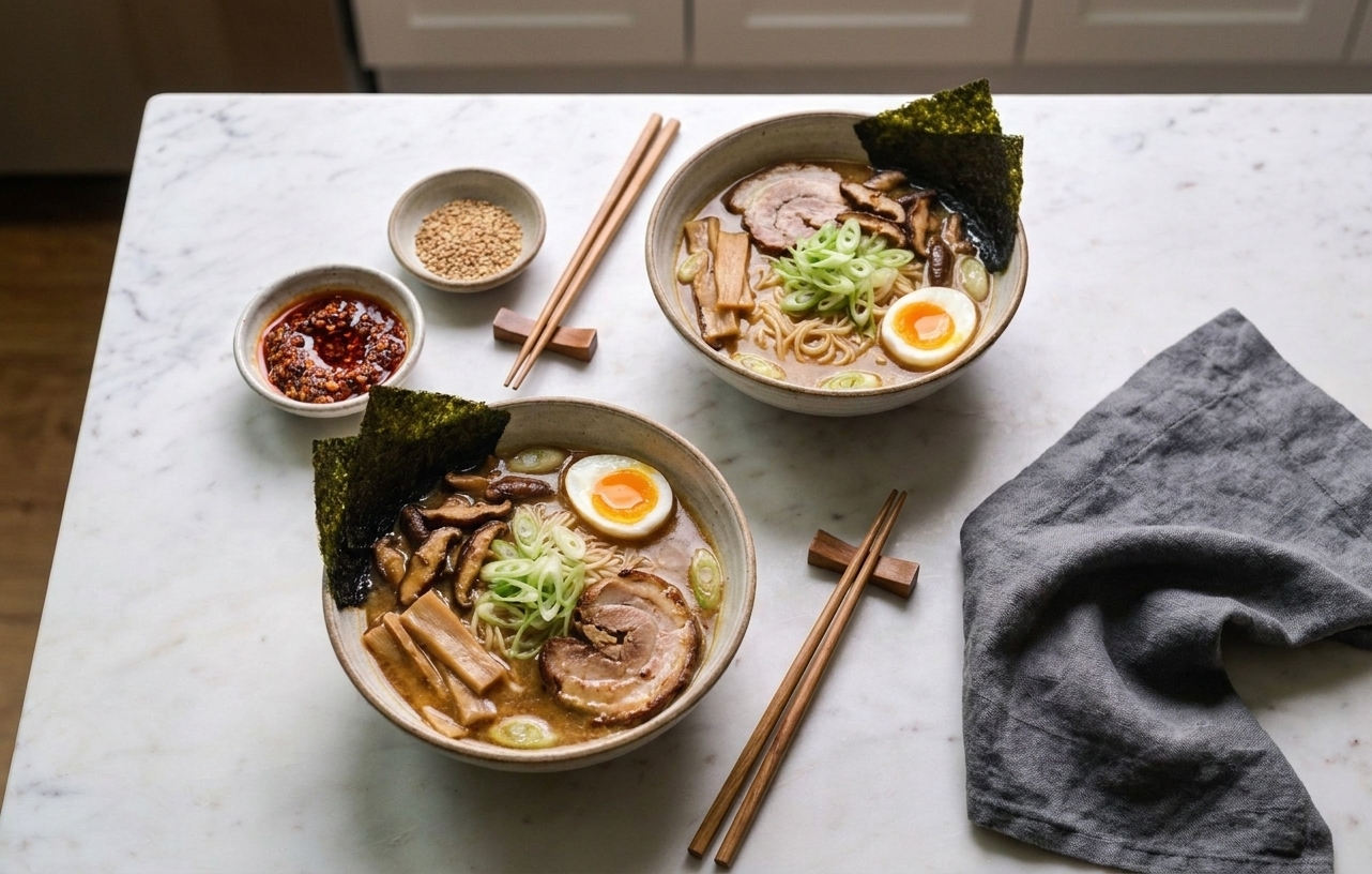 Two bowls of miso ramen on a dinner table with chopsticks, small dishes of chili oil and sesame seeds, and a simple linen napkin