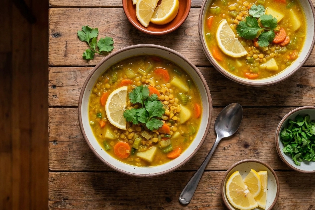 Two bowls of mulligatawny soup on a dinner table with lemon wedges, cilantro, and a spoon, warm evening kitchen lighting
