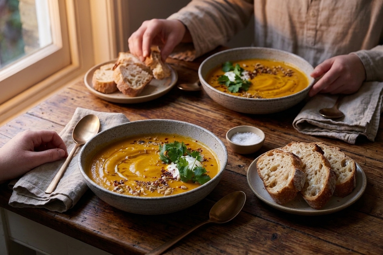Two bowls of pumpkin soup on a dining table with folded napkins, spoons, and a small plate of bread, warm evening lighting