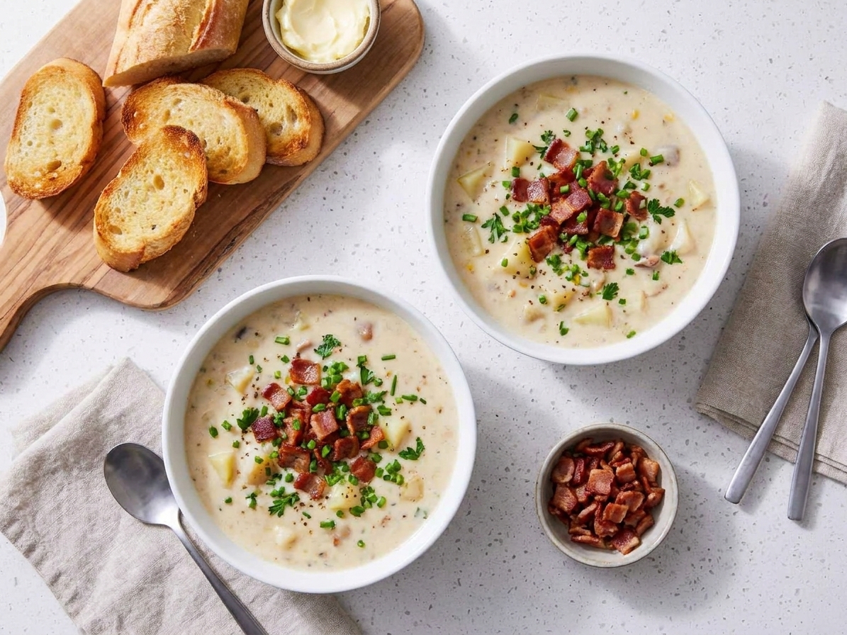 Two bowls of sea chowder on a table with toasted bread on the side, topped with bacon bits and fresh herbs