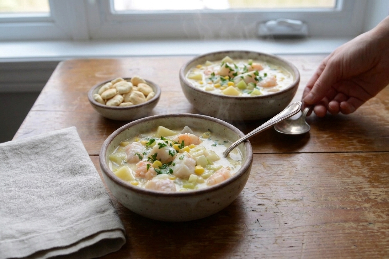 Two bowls of seafood chowder on a dining table with oyster crackers, a spoon, and a simple linen napkin in warm natural light