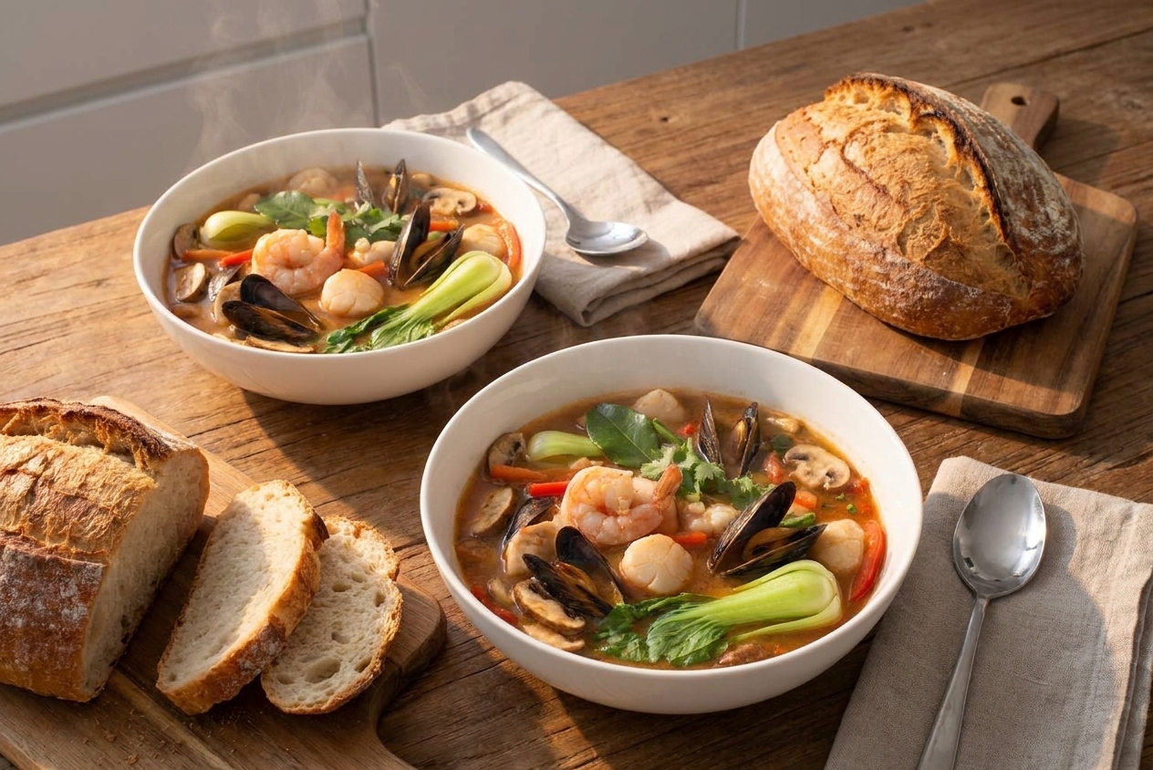 Two bowls of seafood soup set on a dinner table with napkins, spoons, and a loaf of crusty bread in warm evening light