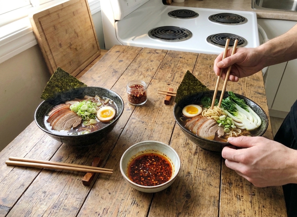 Two bowls of shoyu ramen on a simple dinner table with chopsticks and a small dish of chili oil
