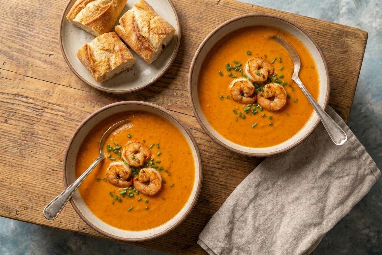 Two bowls of shrimp bisque on a dining table with spoons, a small plate of crusty bread, and a simple linen napkin