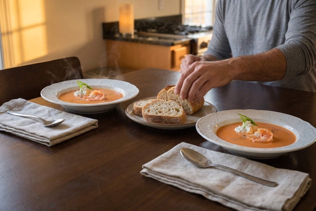 Two bowls of shrimp bisque on a dinner table with folded napkins, spoons, and a small plate of bread in warm evening light