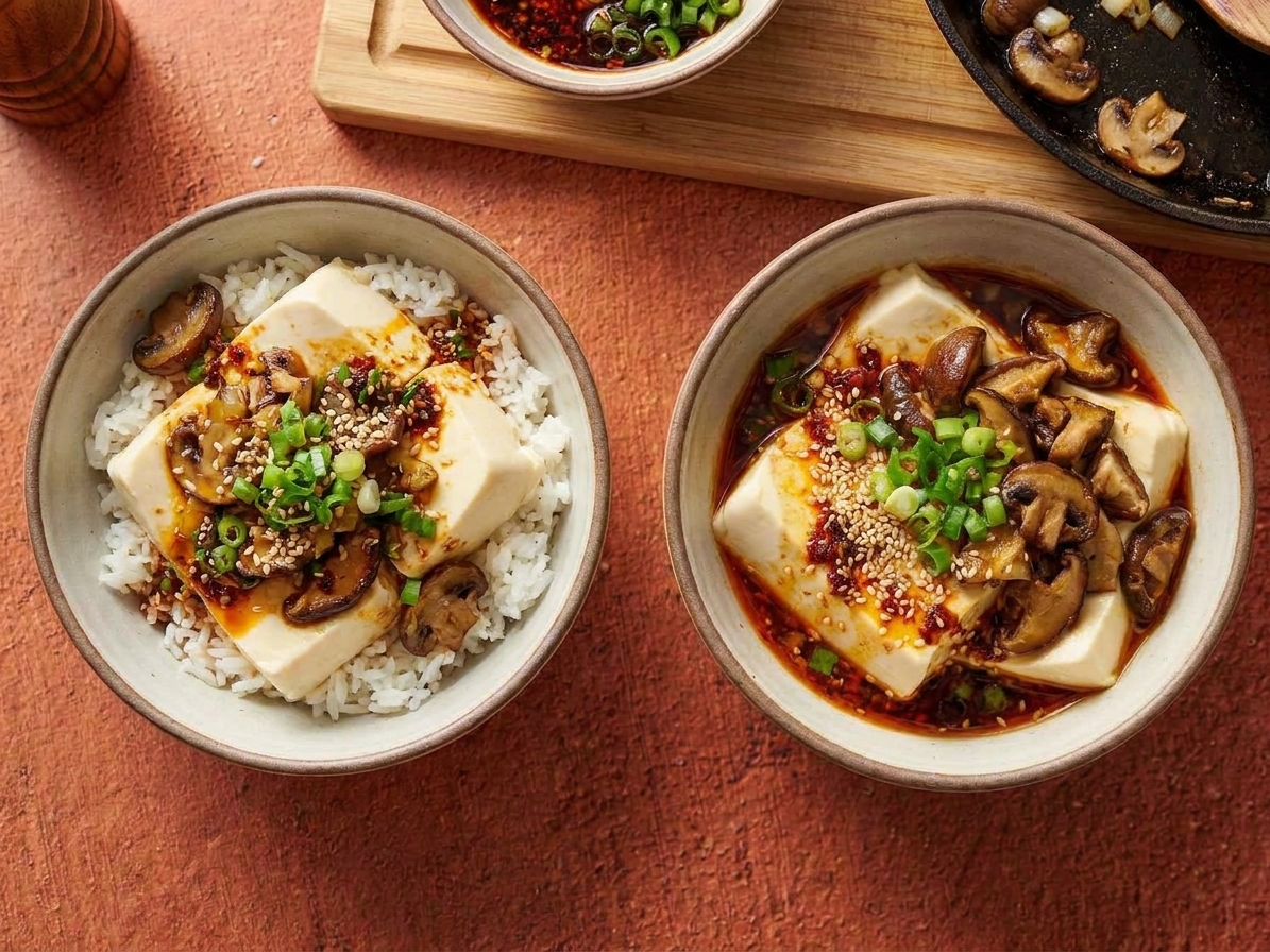 Two bowls of silken tofu and rice topped with mushrooms, scallions, sesame seeds, and chili oil