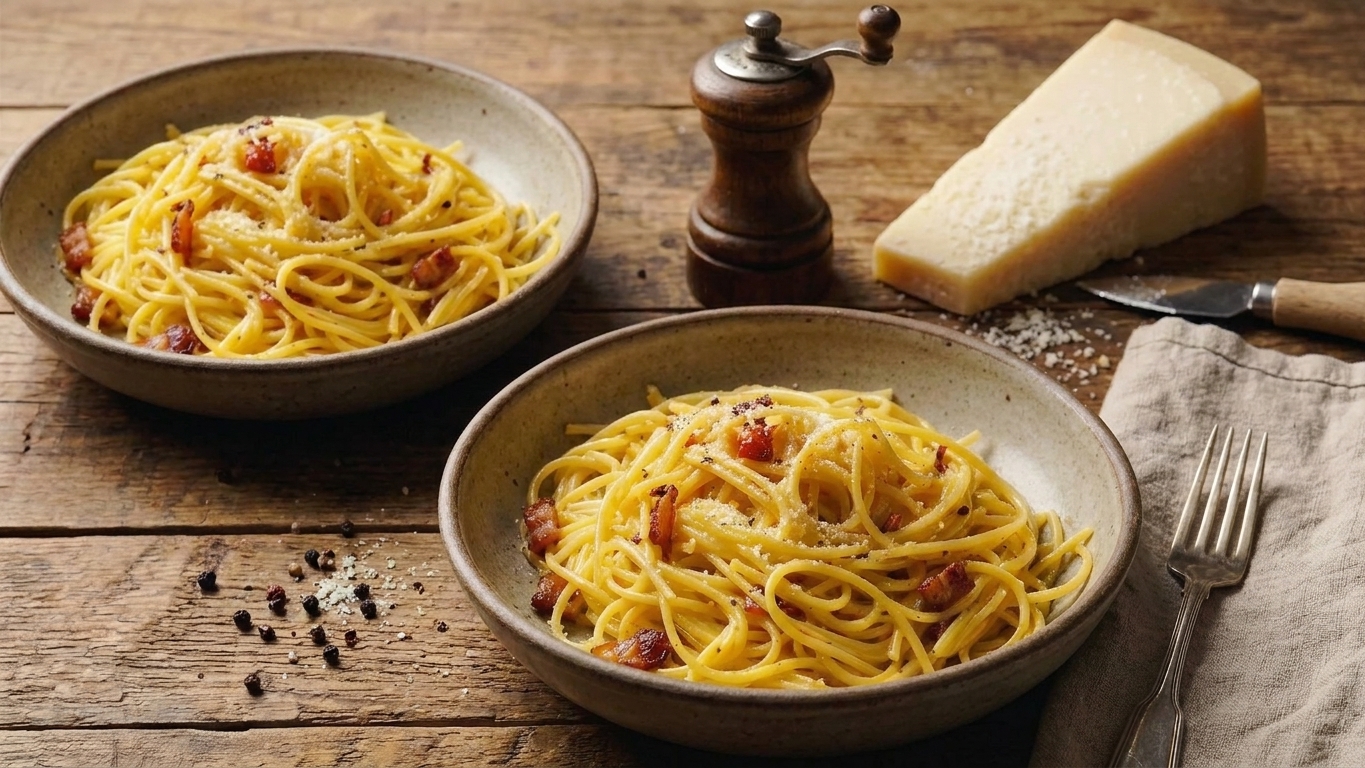 Two bowls of spaghetti carbonara served with a pepper grinder and a wedge of Pecorino Romano nearby