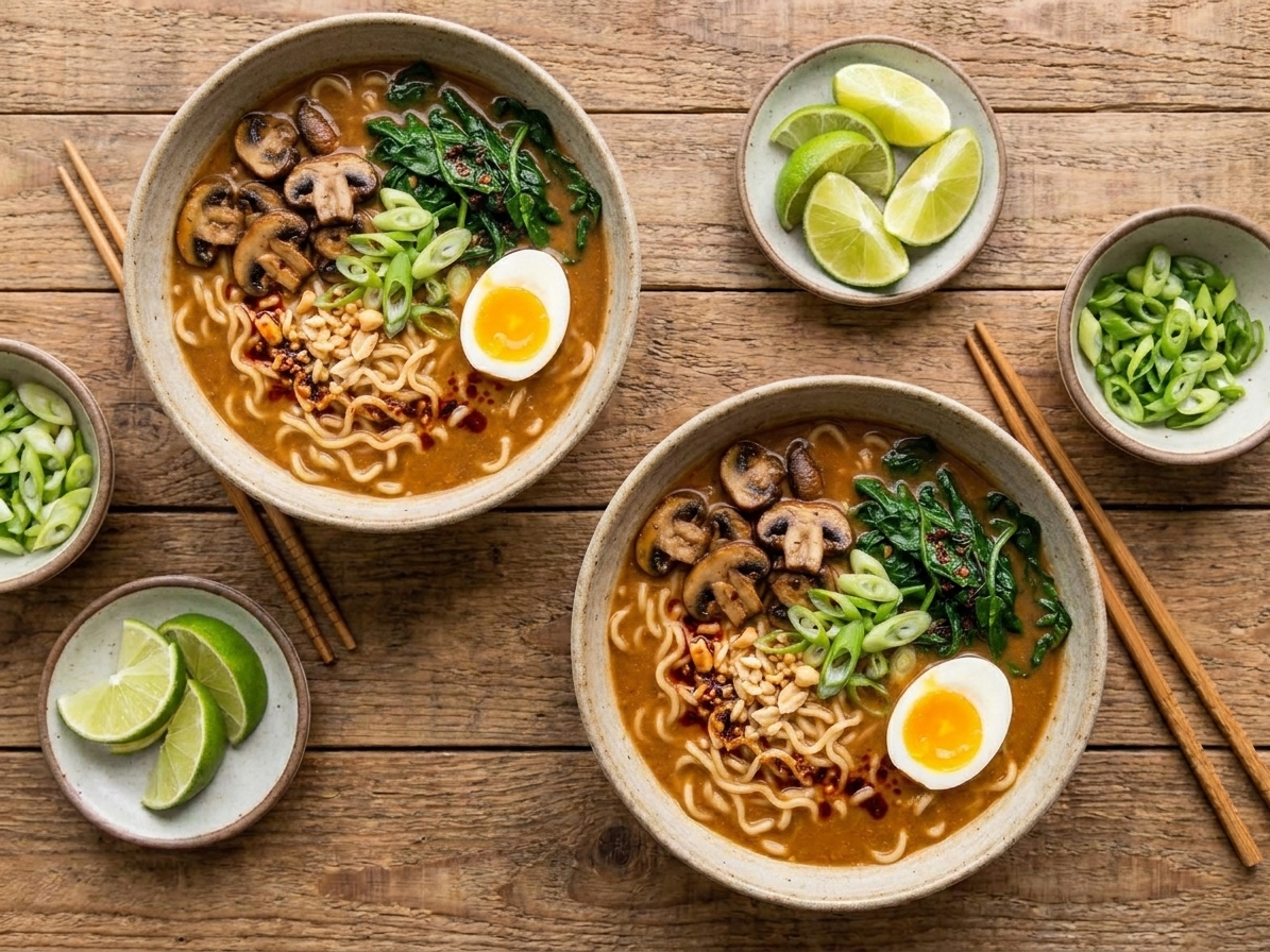 Two bowls of spicy miso peanut ramen on a wooden table with chopsticks, scallions, and lime wedges, ready to eat