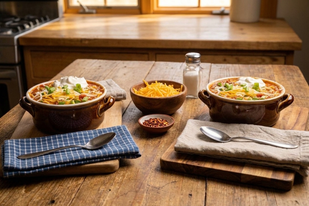 Two bowls of stuffed pepper soup on a simple family dinner table with napkins, spoons, and a small bowl of shredded cheese for topping
