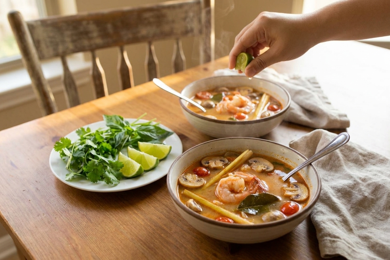 Two bowls of tom yum goong on a simple dinner table set with spoons, lime wedges, and a small plate of herbs in warm natural light