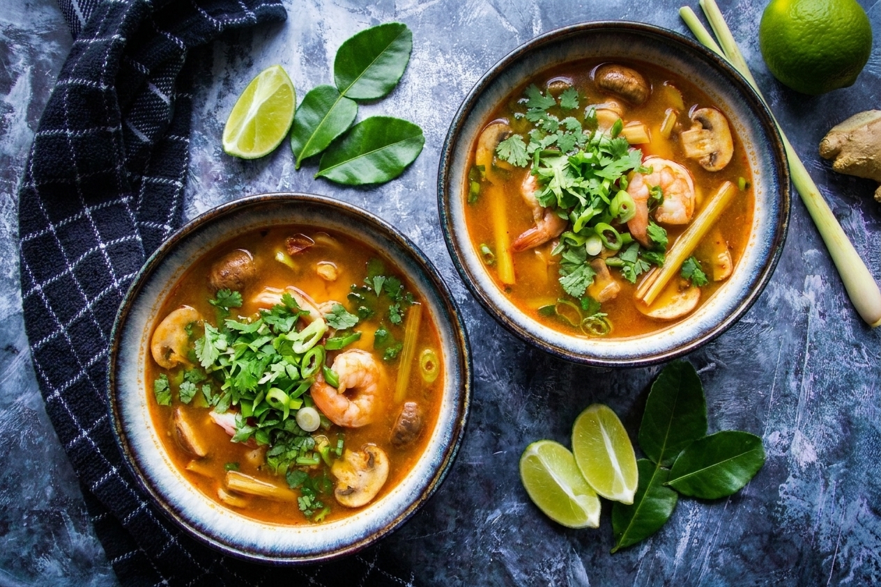 Two bowls of tom yum soup garnished with cilantro and sliced scallions with lime wedges alongside