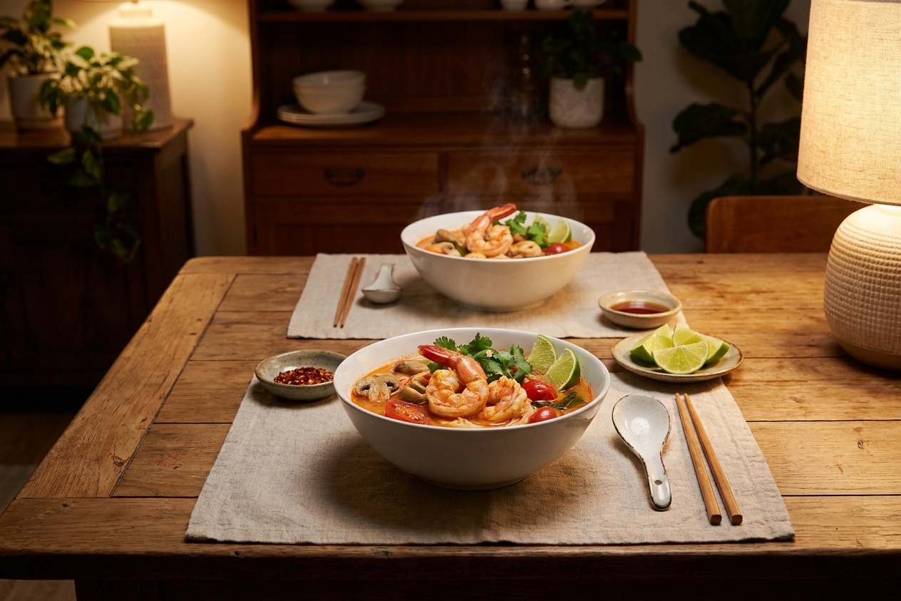 Two bowls of tom yum soup on a dinner table with spoons, lime wedges, and small bowls of chili flakes and fish sauce on the side, cozy evening lighting