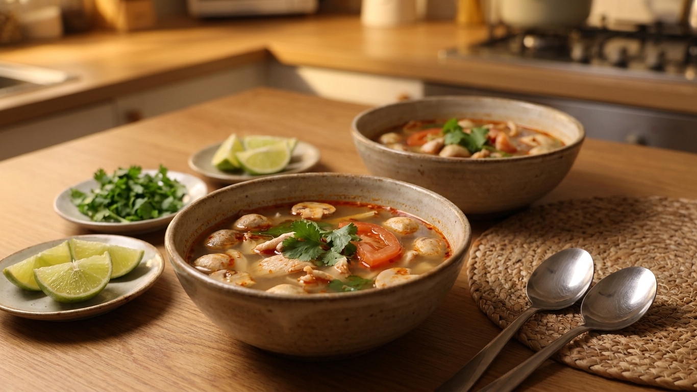 Two bowls of tomyam on a dinner table set with spoons, cilantro, and lime wedges under warm kitchen lighting