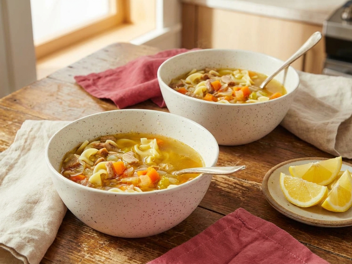 Two bowls of turkey noodle soup on a simple dinner table with spoons, napkins, and a small plate of lemon wedges