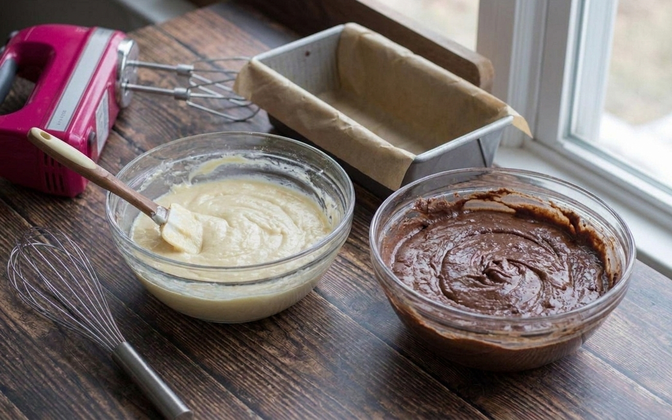 Two bowls on a kitchen counter, one filled with pale vanilla cake batter and one with chocolate cake batter, ready to layer into a loaf pan