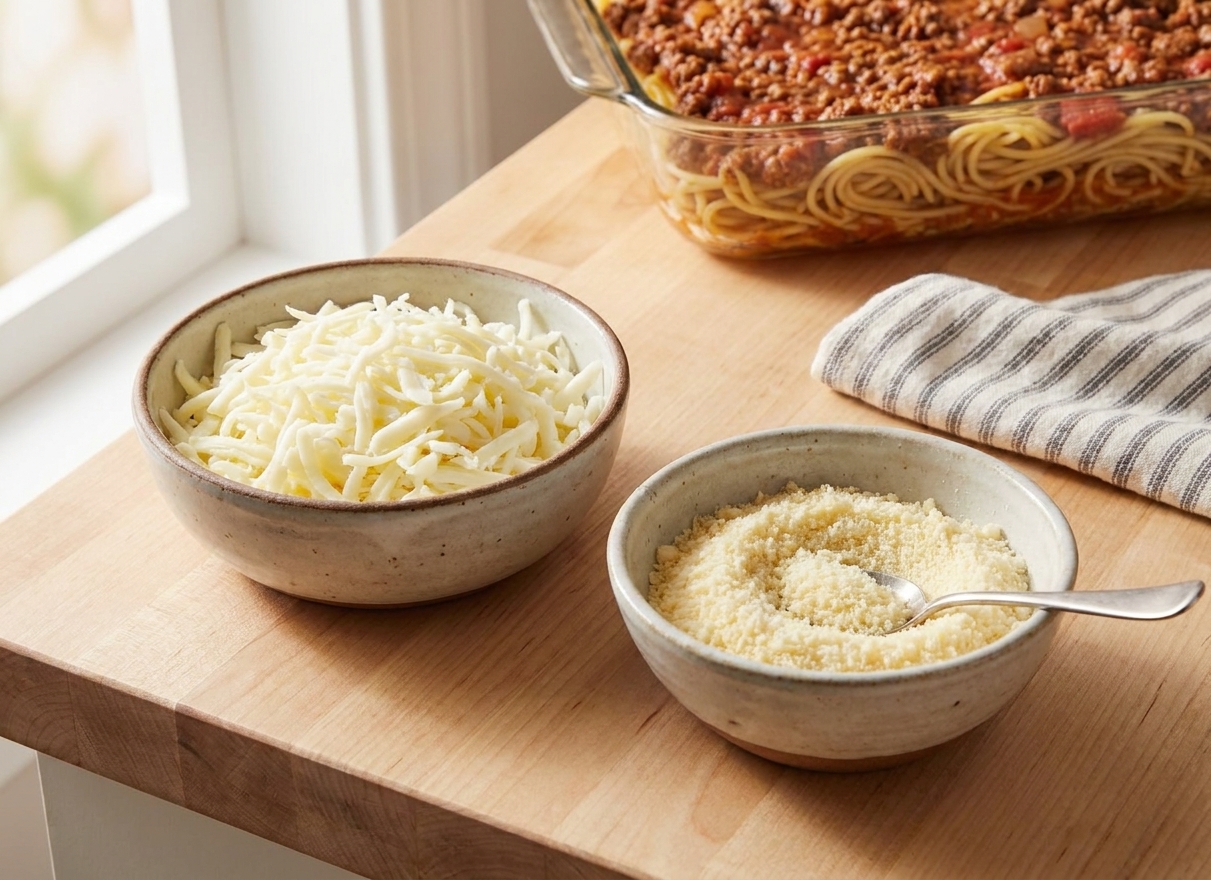Two bowls on a kitchen counter, one filled with shredded mozzarella and one with grated Parmesan, ready for topping baked spaghetti