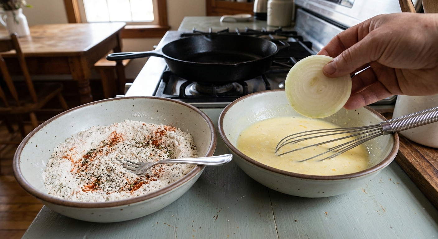 Two bowls on a kitchen counter, one with seasoned flour mixture and one with buttermilk and eggs whisked together, ready for dredging an onion
